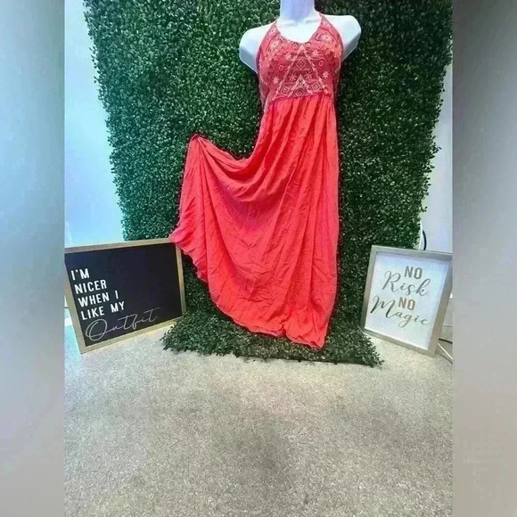 SUMMER ORANGE HALTER MAXI DRESS WITH RUCHED EMBELLISHED DETAILS SIZE U - Picture 6 of 6
